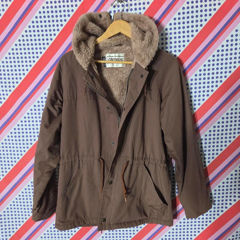 Vintage Campus Sherpa Lined Hooded Parka Coat Brown Fur Trim Medium 70s 80s